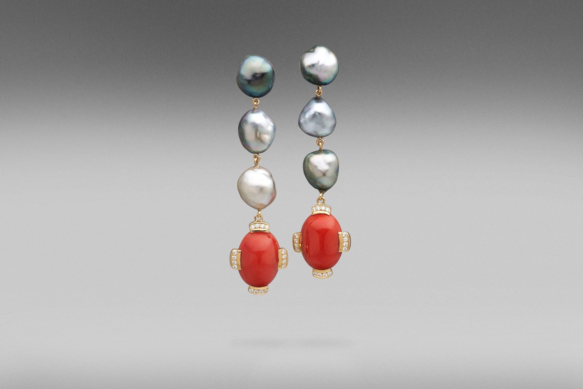 Krest Tahitian Keshi Pearl & Precious Coral & Diamond Earrings - 0503KRES0332